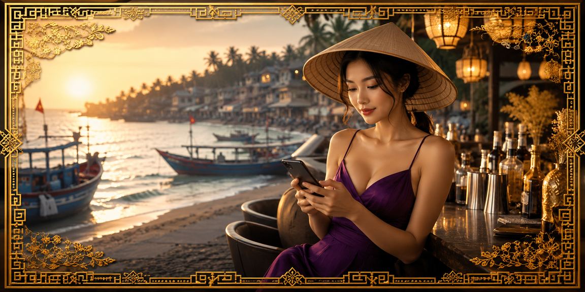 Người chơi trải nghiệm game bài trực tuyến với nón lá tại Mũi Né Việt Nam